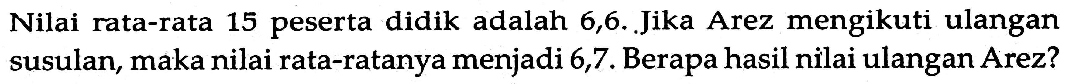 Nilai rata-rata 15 peserta didik adalah 6,6. Jika Arez mengikuti ulangan susulan, maka nilai rata-ratanya menjadi 6,7. Berapa hasil nilai ulangan Arez?
