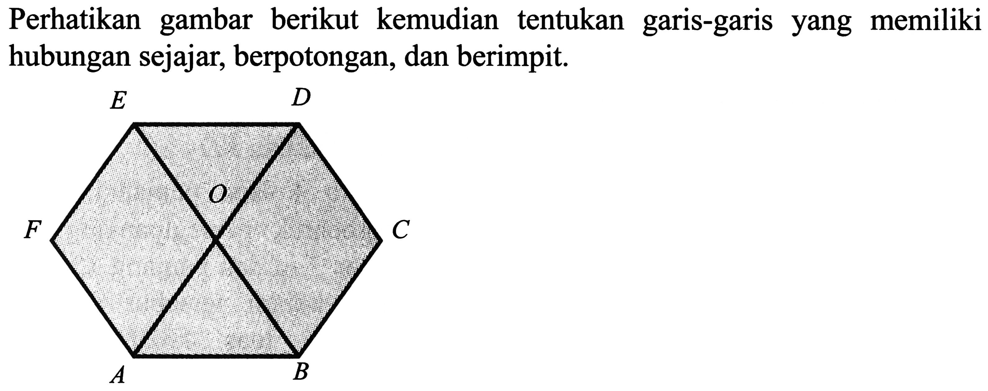 Perhatikan gambar berikut kemudian tentukan garis-garis yang memiliki hubungan sejajar, berpotongan, dan berimpit.