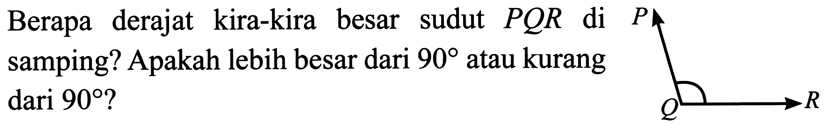 Berapa derajat kira-kira besar sudut  P Q R  di
samping? Apakah lebih besar dari  90  atau kurang
dari  90  ?