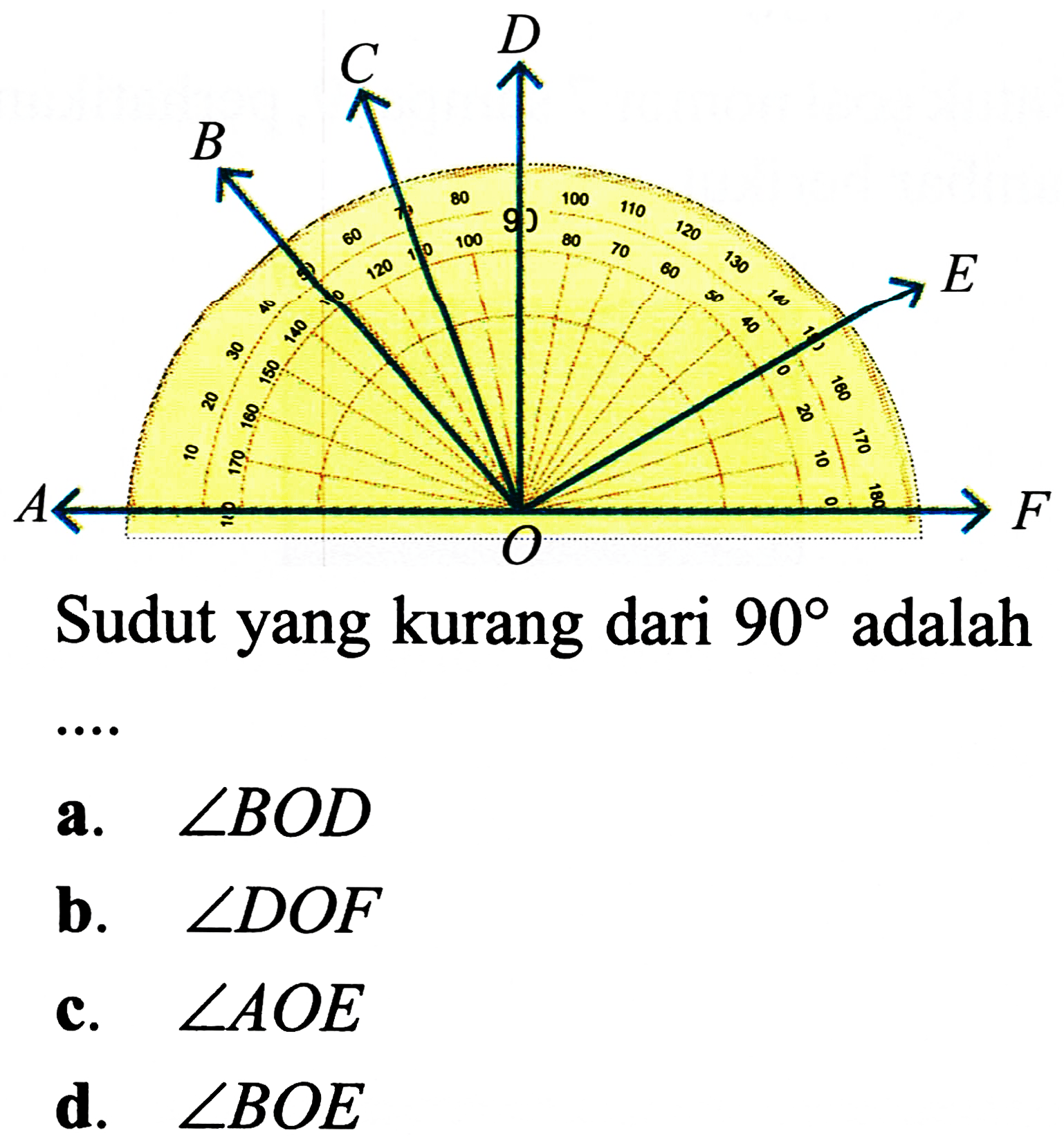 Sudut yang kurang dari  90  adalah
a.  sudut B O D 
b.  sudut D O F 
c.  sudut A O E 
d.  sudut B O E 