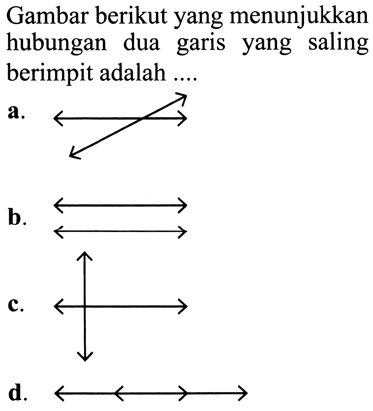 Gambar berikut yang menunjukkan hubungan dua garis yang saling berimpit adalah ....
a.

 {b) .
c.
