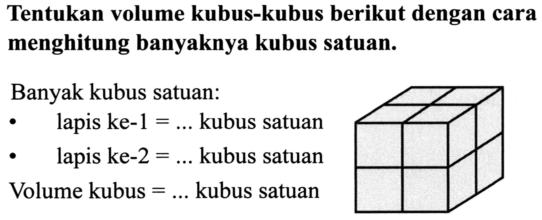 Tentukan volume kubus-kubus berikut dengan cara menghitung banyaknya kubus satuan.
Banyak kubus satuan:
-    lapis ke-1  =...  kubus satuan
-    lapis ke-2  =...  kubus satuan
Volume kubus  =...  kubus satuan