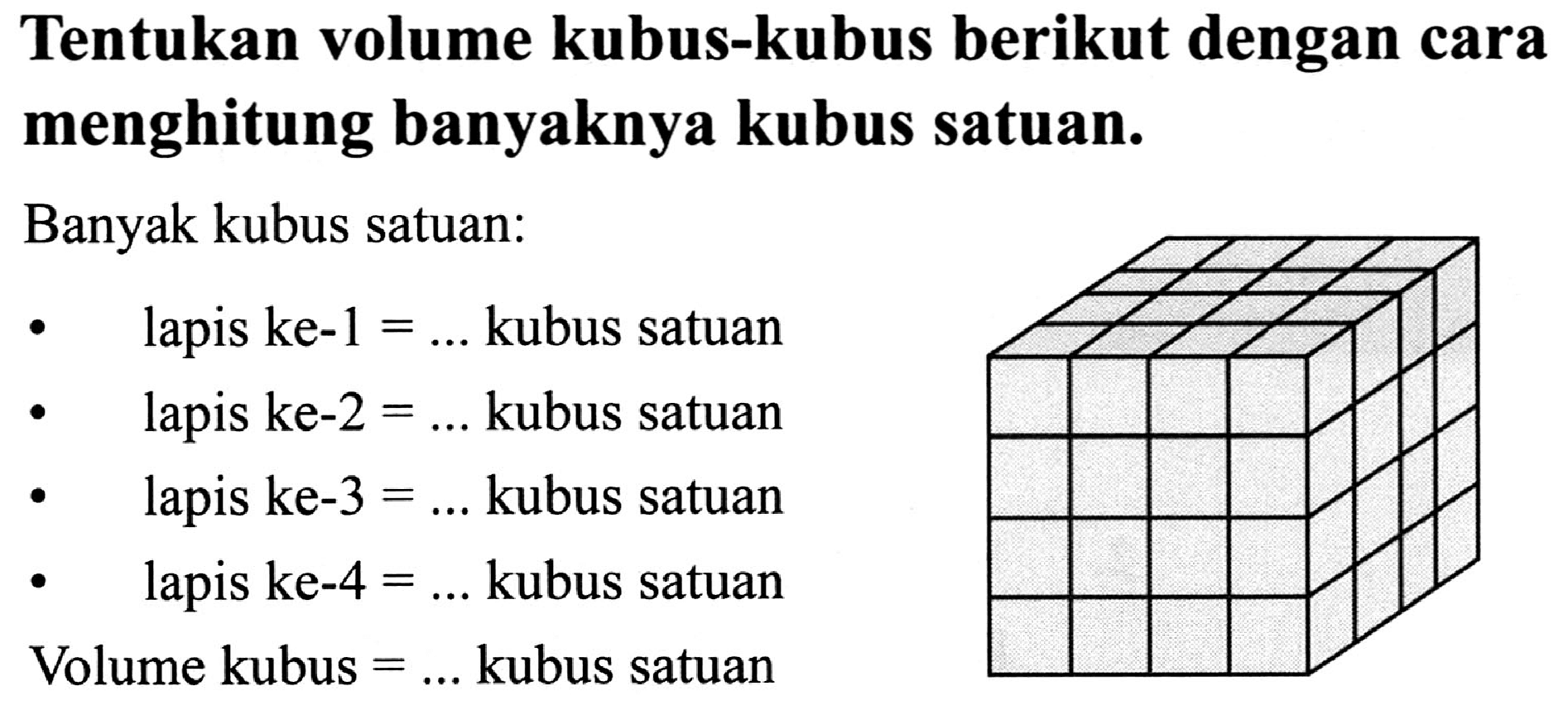 Tentukan volume kubus-kubus berikut dengan cara menghitung banyaknya kubus satuan.
Banyak kubus satuan: