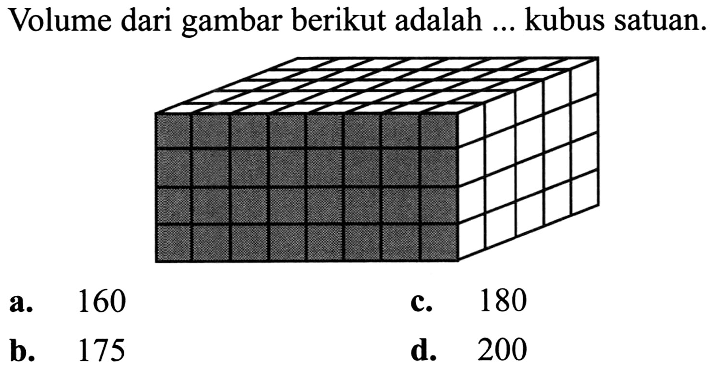 Volume dari gambar berikut adalah ... kubus satuan.
b. 175
c. 180
d. 200