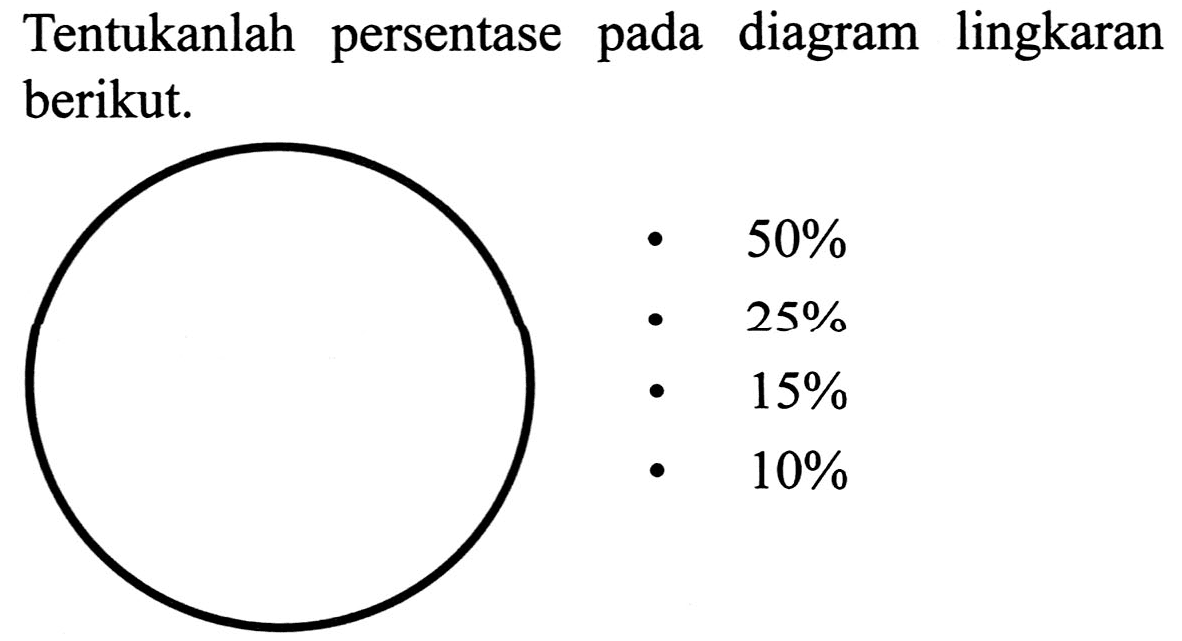 Tentukanlah persentase pada diagram lingkaran berikut.