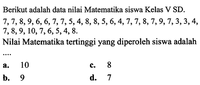 Berikut adalah data nilai Matematika siswa Kelas V SD.  7,7,8,9,6,6,7,7,5,4,8,8,5,6,4,7,7,8,7,9,7,3,3,4 ,  7,8,9,10,7,6,5,4,8 .
Nilai Matematika tertinggi yang diperoleh siswa adalah
a. 10
c. 8
b. 9
d. 7