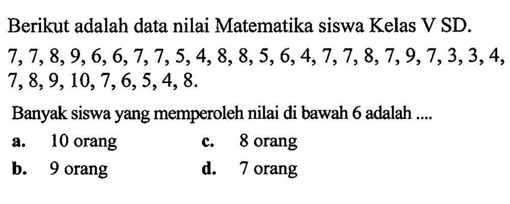 Berikut adalah data nilai Matematika siswa Kelas V SD.  7,7,8,9,6,6,7,7,5,4,8,8,5,6,4,7,7,8,7,9,7,3,3,4 ,  7,8,9,10,7,6,5,4,8 . 
Banyak siswa yang memperoleh nilai di bawah 6 adalah ....
a. 10 orang
c. 8 orang
b. 9 orang
d. 7 orang