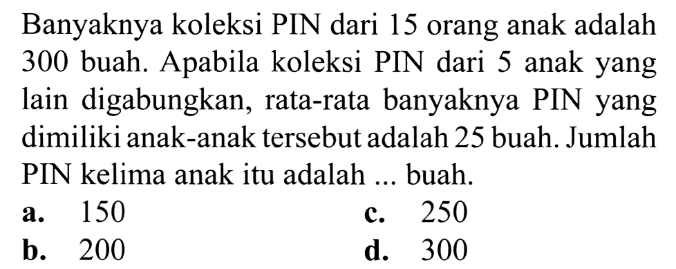 Banyaknya koleksi PIN dari 15 orang anak adalah 300 buah. Apabila koleksi PIN dari 5 anak yang lain digabungkan, rata-rata banyaknya PIN yang dimiliki anak-anak tersebut adalah 25 buah. Jumlah PIN kelima anak itu adalah ... buah.
