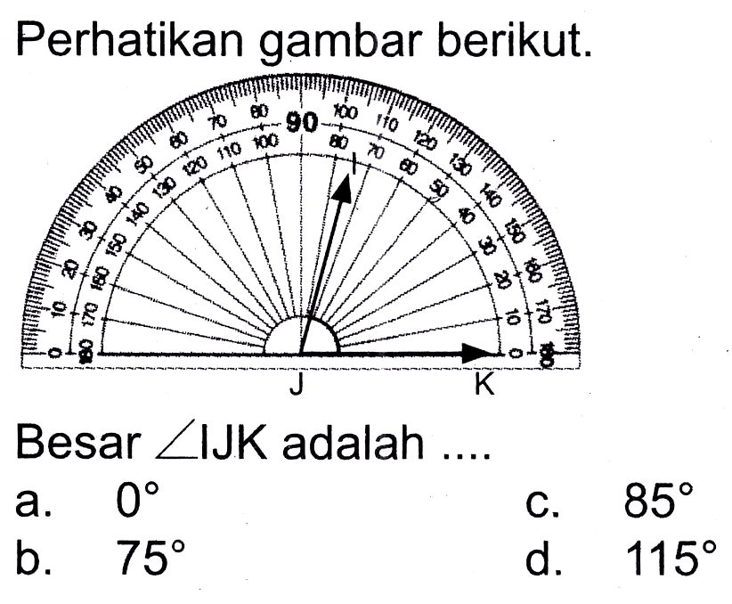 Perhatikan gambar berikut.
Besar / JK adalah  K 
Besar  sudut lJK  adalah ....
a.   75 
C.  85 
b.  75 
d.  115 