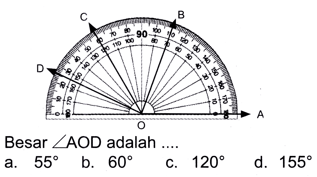 Besar  sudut AOD  adalah ....
a.  55 
b.  60 
C.  120 
d.  155 