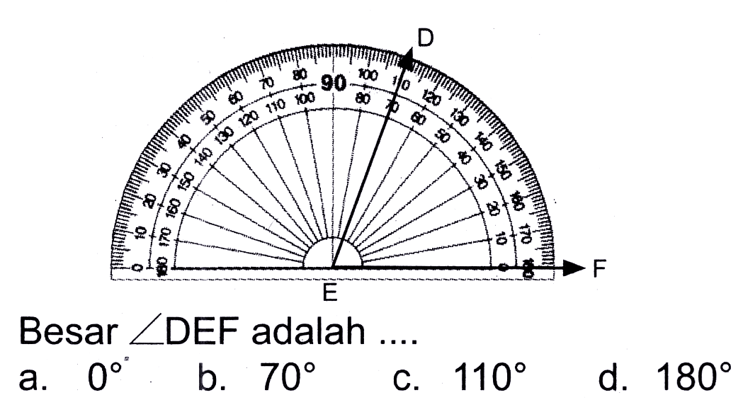  D 
Besar  sudut  DEF adalah ....
 (ll) { a. ) 0   { b. ) 70 
C.  110 
d.  180 