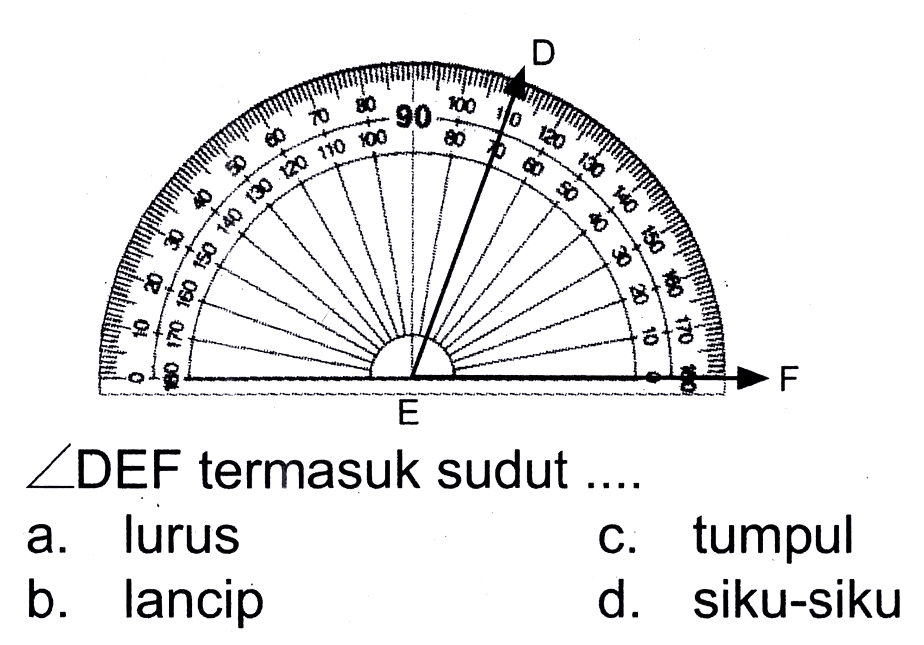  sudut DEF  termasuk sudut ....
a. lurus
c. tumpul
b. lancip
d. siku-siku