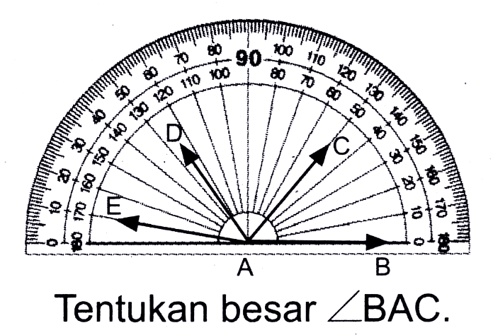 0 10 20 30 40 50 60 70 80 90 100 110 120 130 140 150 160 170 180
0 10 20 30 40 50 60 70 80 100 110 120 130 140 150 160 170 180
A B C D E
Tentukan besar  sudut BAC .