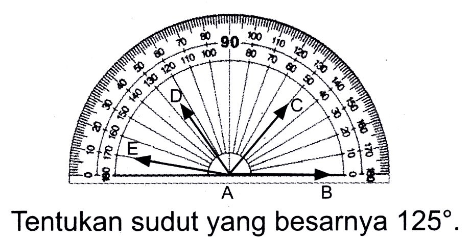 A E D C B 
Tentukan sudut yang besarnya 125.