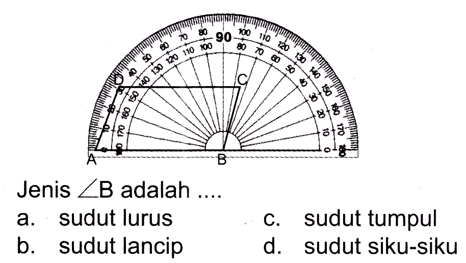 D C A B 
Jenis sudut B adalah ....