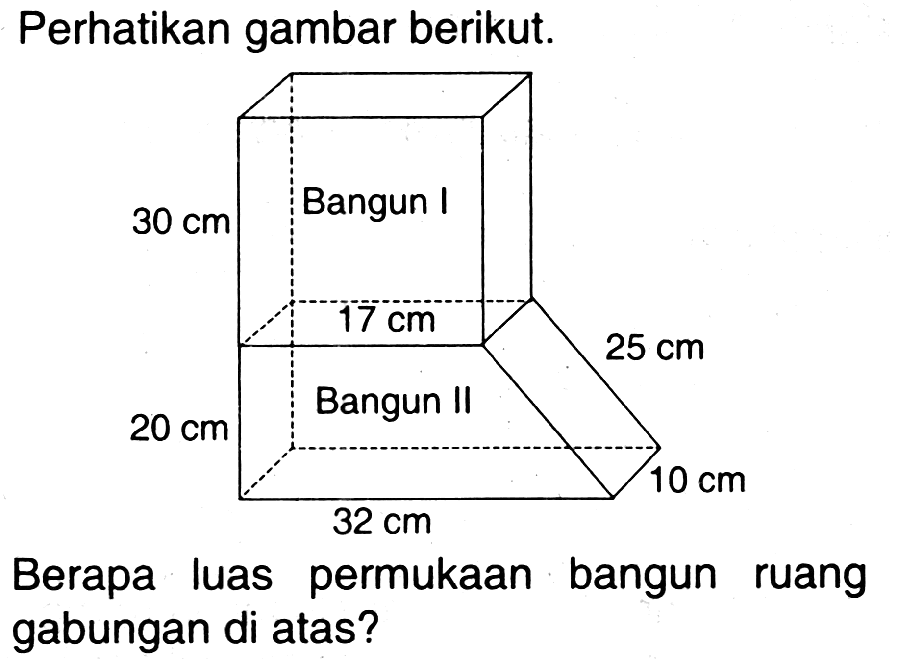 Perhatikan gambar berikut.
Berapa luas permukaan bangun ruang gabungan di atas?