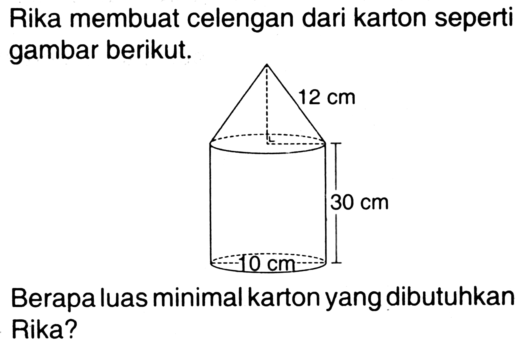 Rika membuat celengan dari karton seperti gambar berikut.

Berapa luas minimal karton yang dibutuhkan Rika?