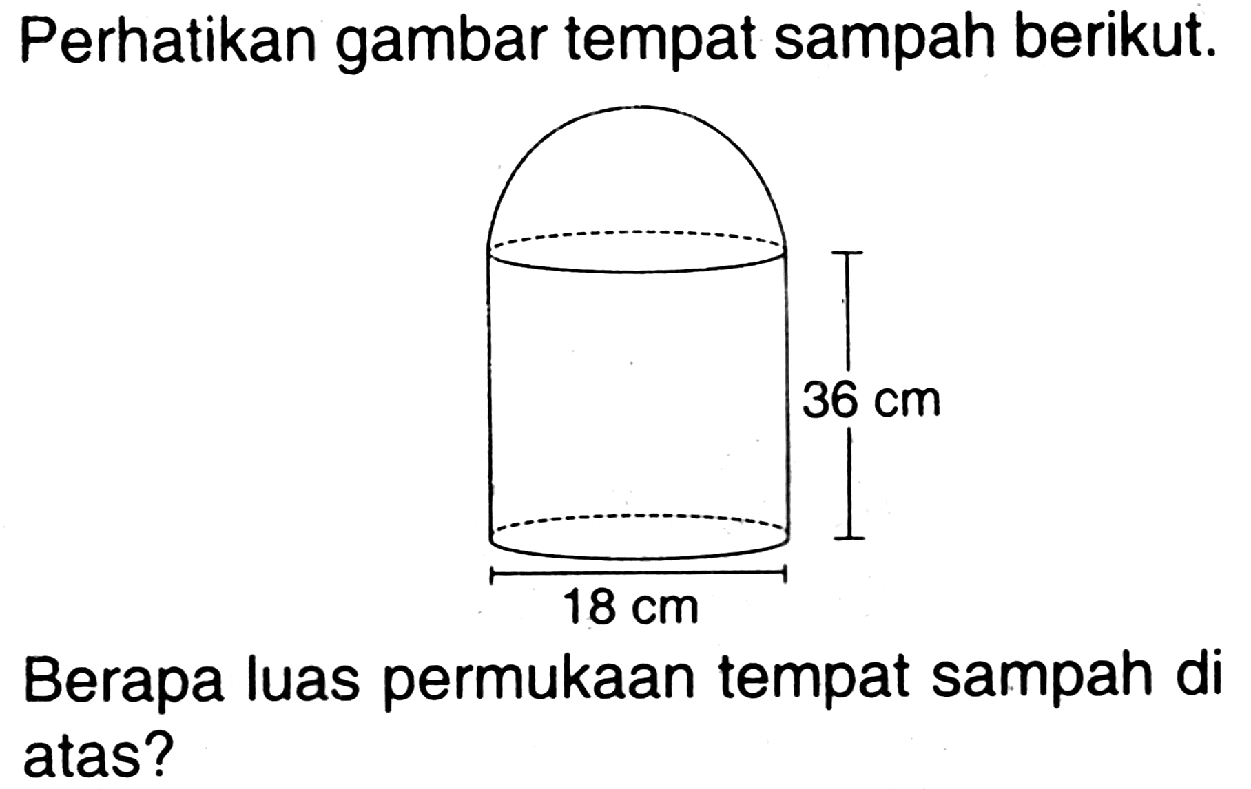 Perhatikan gambar tempat sampah berikut.
Berapa luas permukaan tempat sampah di atas?