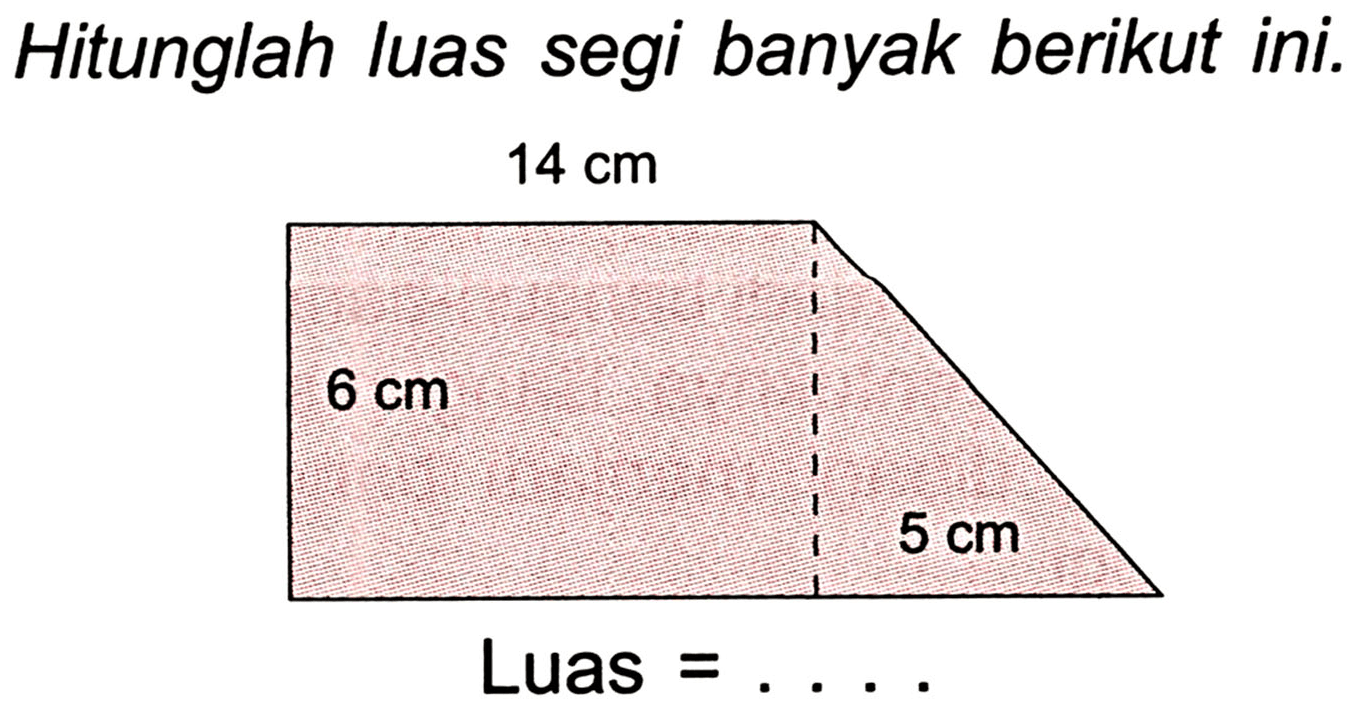 Hitunglah luas segi banyak berikut ini. 
14 cm 
6 cm 
5 cm 
Luas = .... 