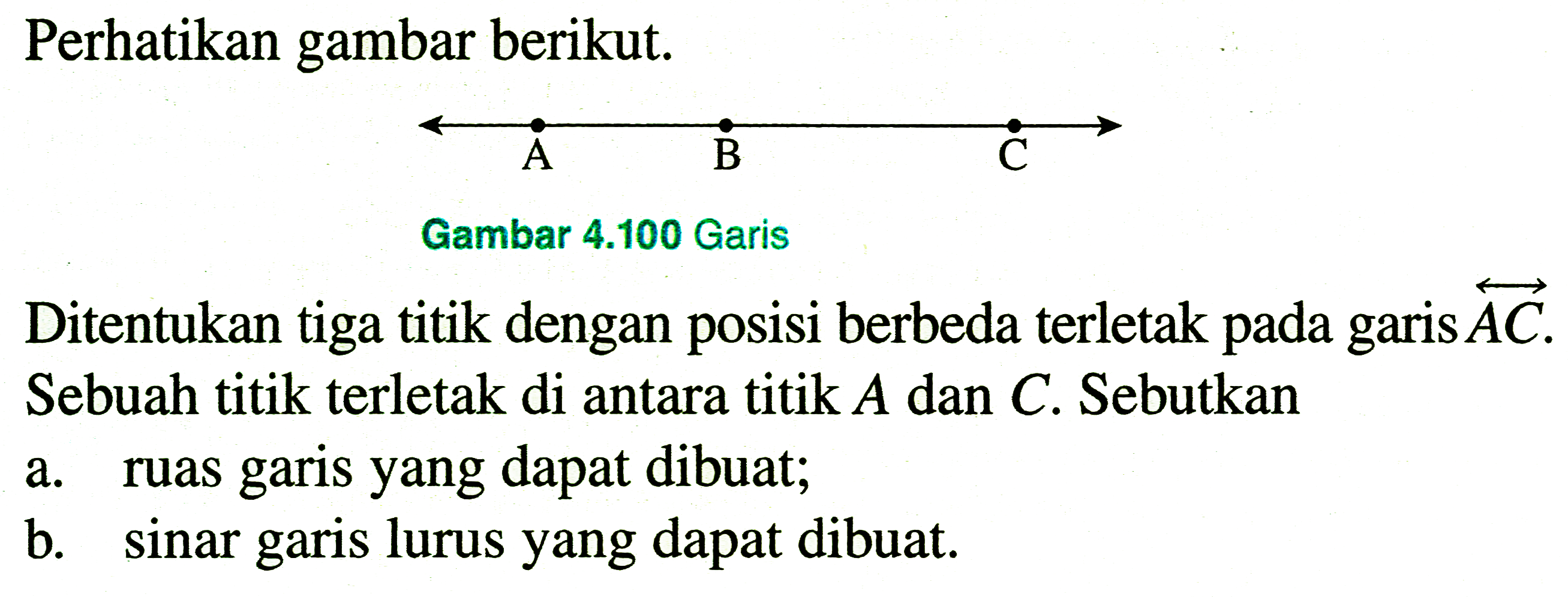 Perhatikan gambar berikut.
Ditentukan tiga titik dengan posisi berbeda terletak pada garis  overleftright->{A C)  Sebuah titik terletak di antara titik  A  dan  C . Sebutkan
a. ruas garis yang dapat dibuat;
b. sinar garis lurus yang dapat dibuat.