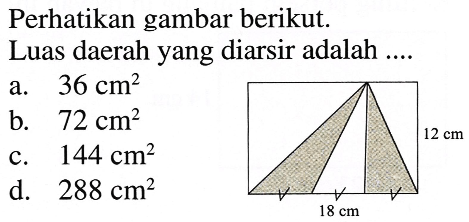 Perhatikan gambar berikut.
Luas daerah yang diarsir adalah ....
a.   36 cm^(2) 
b.  72 cm^(2) 
c.  144 cm^(2) 
d.  288 cm^(2) 