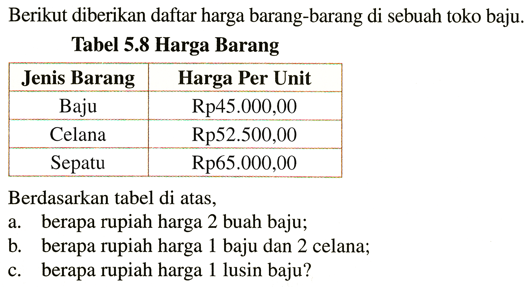 Berikut diberikan daftar harga barang-barang di sebuah toko baju.
Tabel 5.8 Harga Barang
{|c|c|)
Jenis Barang  Harga Per Unit 
Baju   Rp 45.000,00  
Celana   Rp 52.500,00  
Sepatu   Rp 65.000,00  


Berdasarkan tabel di atas,
a. berapa rupiah harga 2 buah baju;
b. berapa rupiah harga 1 baju dan 2 celana;
c. berapa rupiah harga 1 lusin baju?