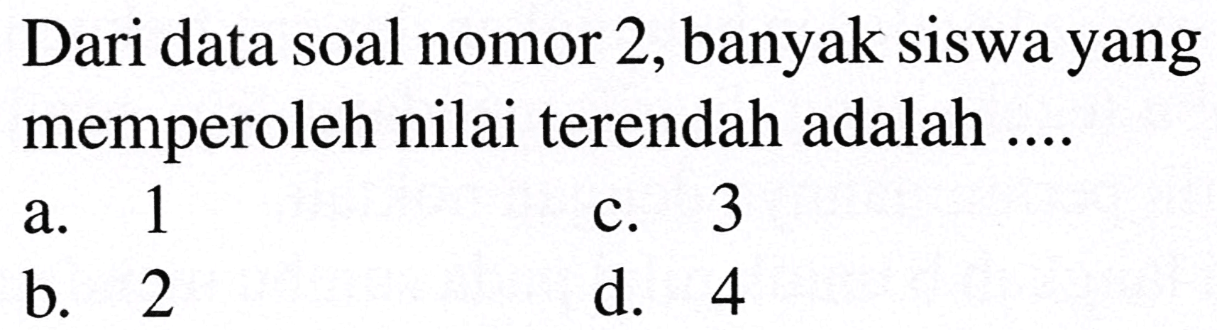 Dari data soal nomor 2, banyak siswa yang memperoleh nilai terendah adalah ....
a. 1
c. 3
b. 2
d. 4