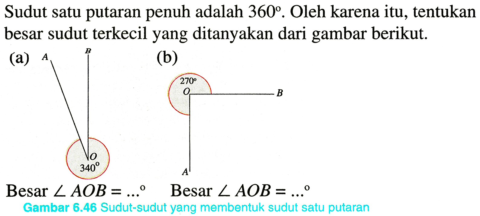 Sudut satu putaran penuh adalah  360 . Oleh karena itu, tentukan besar sudut terkecil yang ditanyakan dari gambar berikut.
(a)
(b)
CC
Besar  sudut A O B=... 
Besar  sudut A O B=... 
Gambar  6.46  Sudut-sudut yang membentuk sudut satu putaran