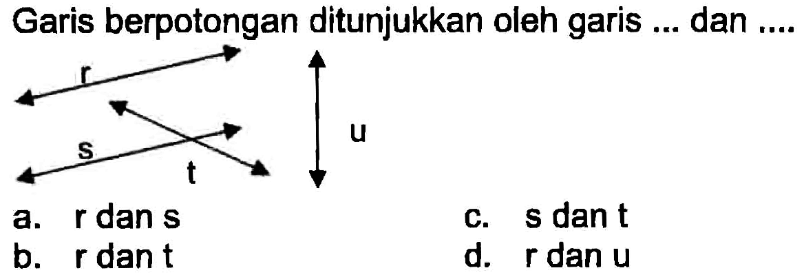 Garis berpotongan ditunjukkan oleh garis ... dan ....
a. roans
c.  s  dan  t 
b.  r  dant
d. rdan u