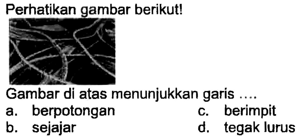 Perhatikan gambar berikut!
Gambar di atas menunjukkan garis ....
a. berpotongan
c. berimpit
b. sejajar
d. tegak lurus