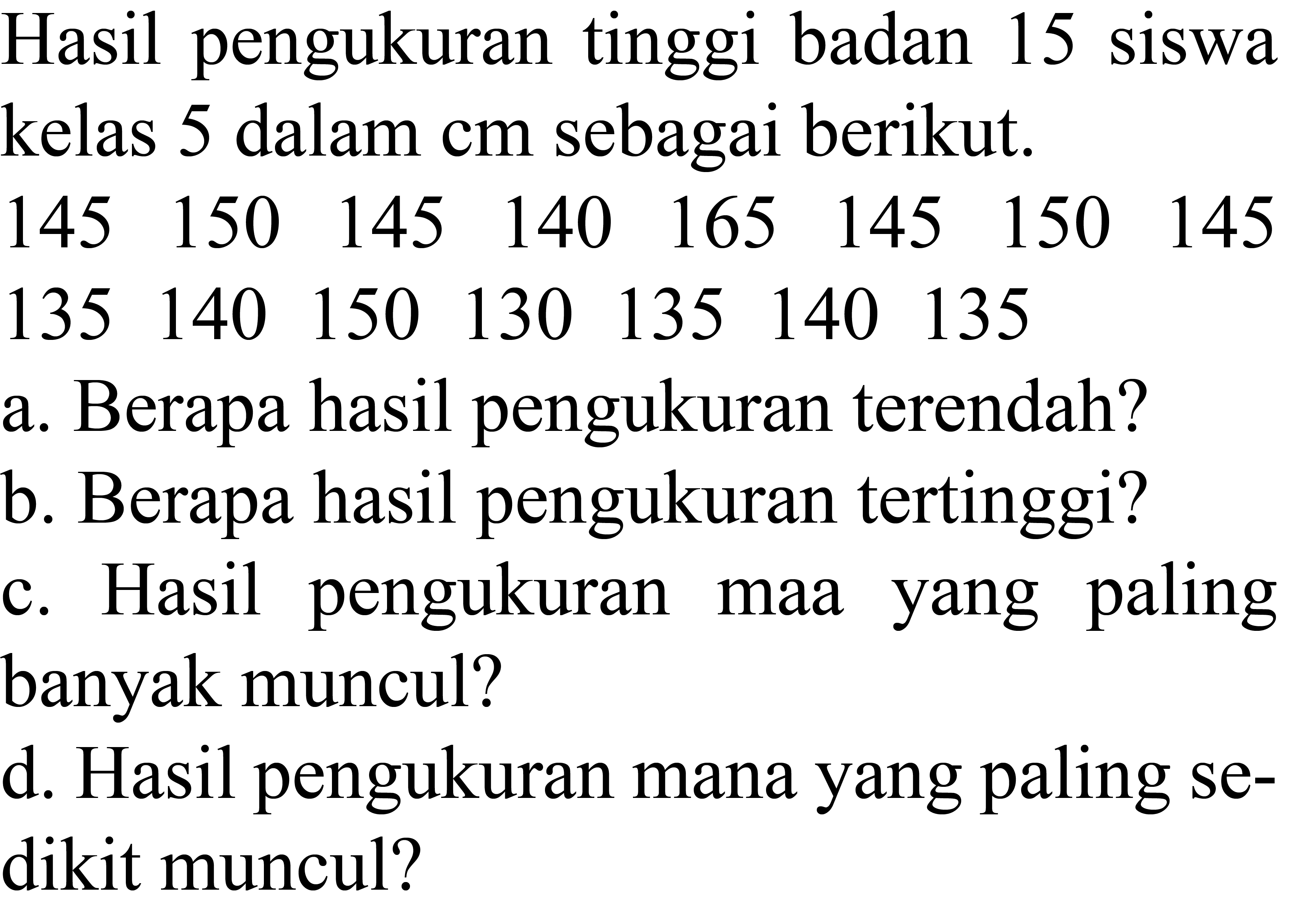 Hasil pengukuran tinggi badan 15 siswa
kelas 5 dalam cm sebagai berikut.
 145150145  140  165  145  150  145 
 135  140  150  130  135  140  135 
a. Berapa hasil pengukuran terendah?
b. Berapa hasil pengukuran tertinggi?
c. Hasil pengukuran maa yang paling
banyak muncul?
d. Hasil pengukuran mana yang paling se-
dikit muncul?