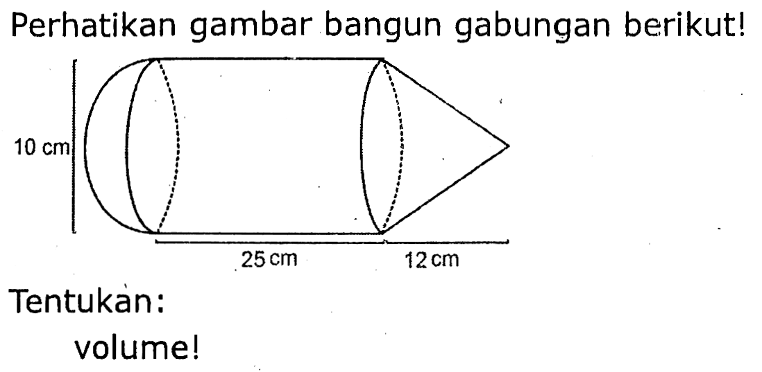 Perhatikan gambar bangun gabungan berikut!
Tentukan:
volume!