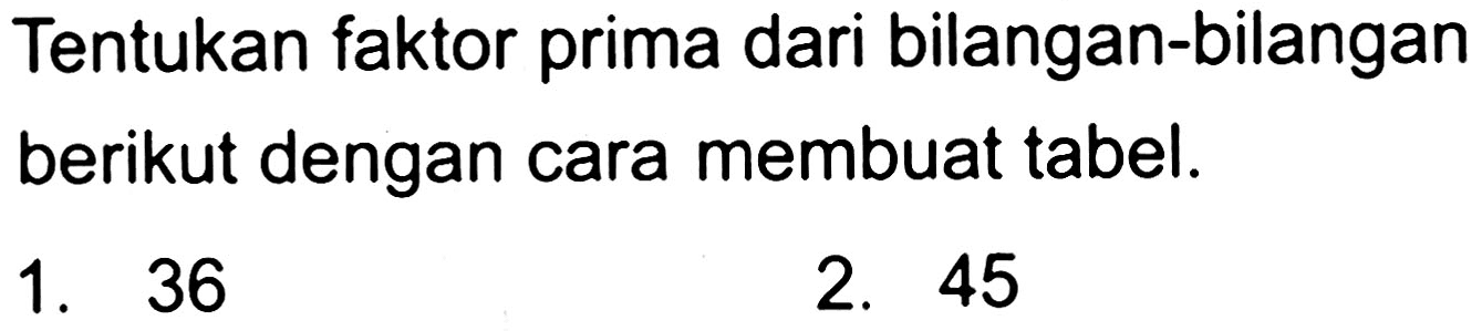 Tentukan faktor prima dari bilangan-bilangan berikut dengan cara membuat tabel.
1. 36
2. 45