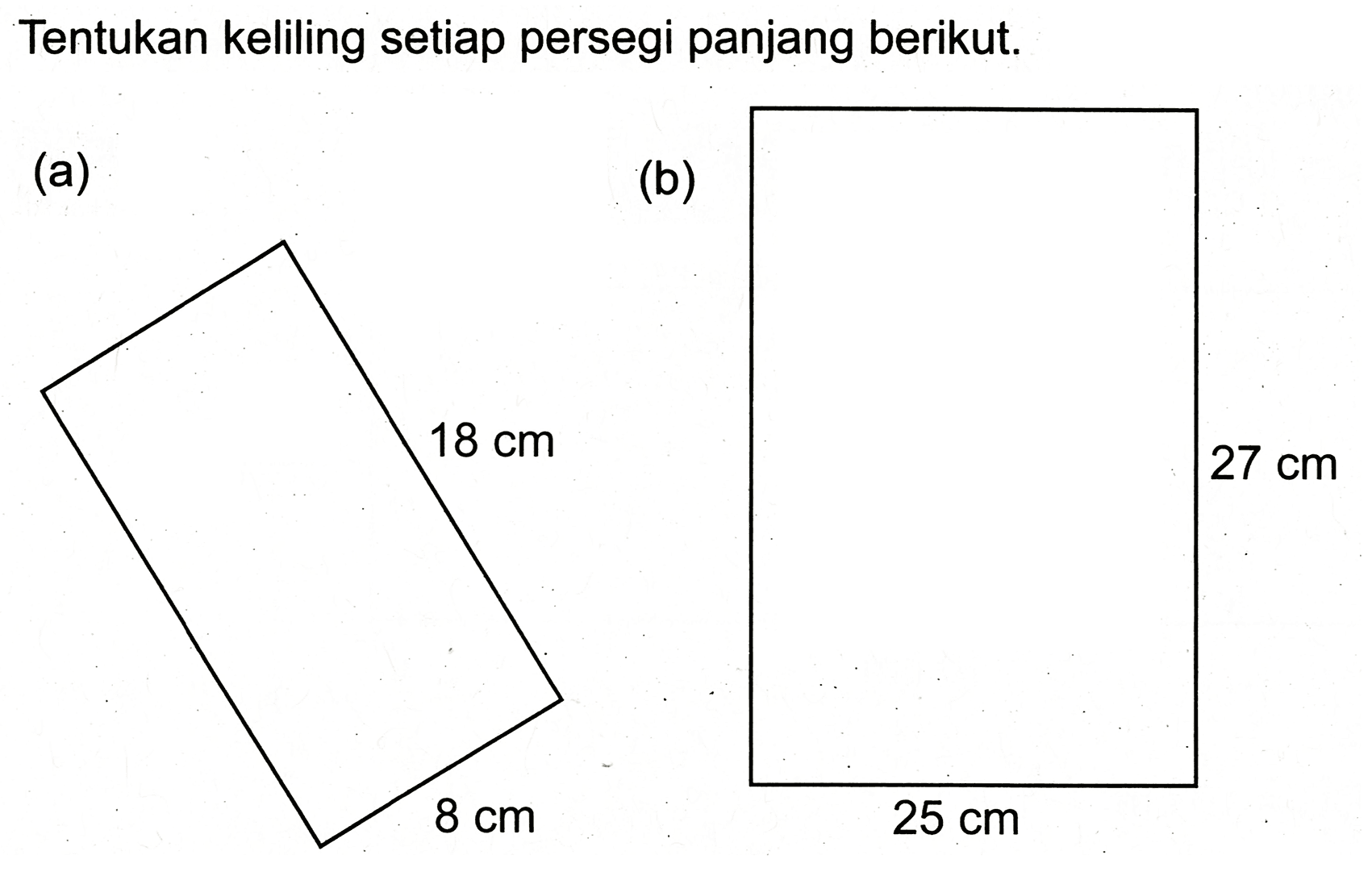 Tentukan keliling setiap persegi panjang berikut.
(a)
(b)