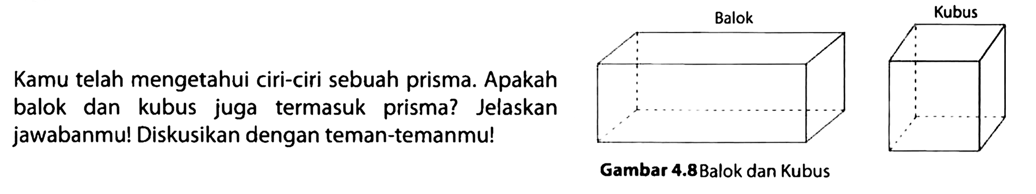 Kamu telah mengetahui ciri-ciri sebuah prisma. Apakah balok dan kubus juga termasuk prisma? Jelaskan jawabanmu! Diskusikan dengan teman-temanmu!
Gambar 4.8Balok dan Kubus