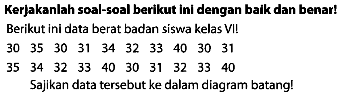 Kerjakanlah soal-soal berikut ini dengan baik dan benar! Berikut ini data berat badan siswa kelas VI!
 30  35  30  31  34  32  33  40  30  31 
 35  34  32  33  40  30  31  32  33  40 
Sajikan data tersebut ke dalam diagram batang!