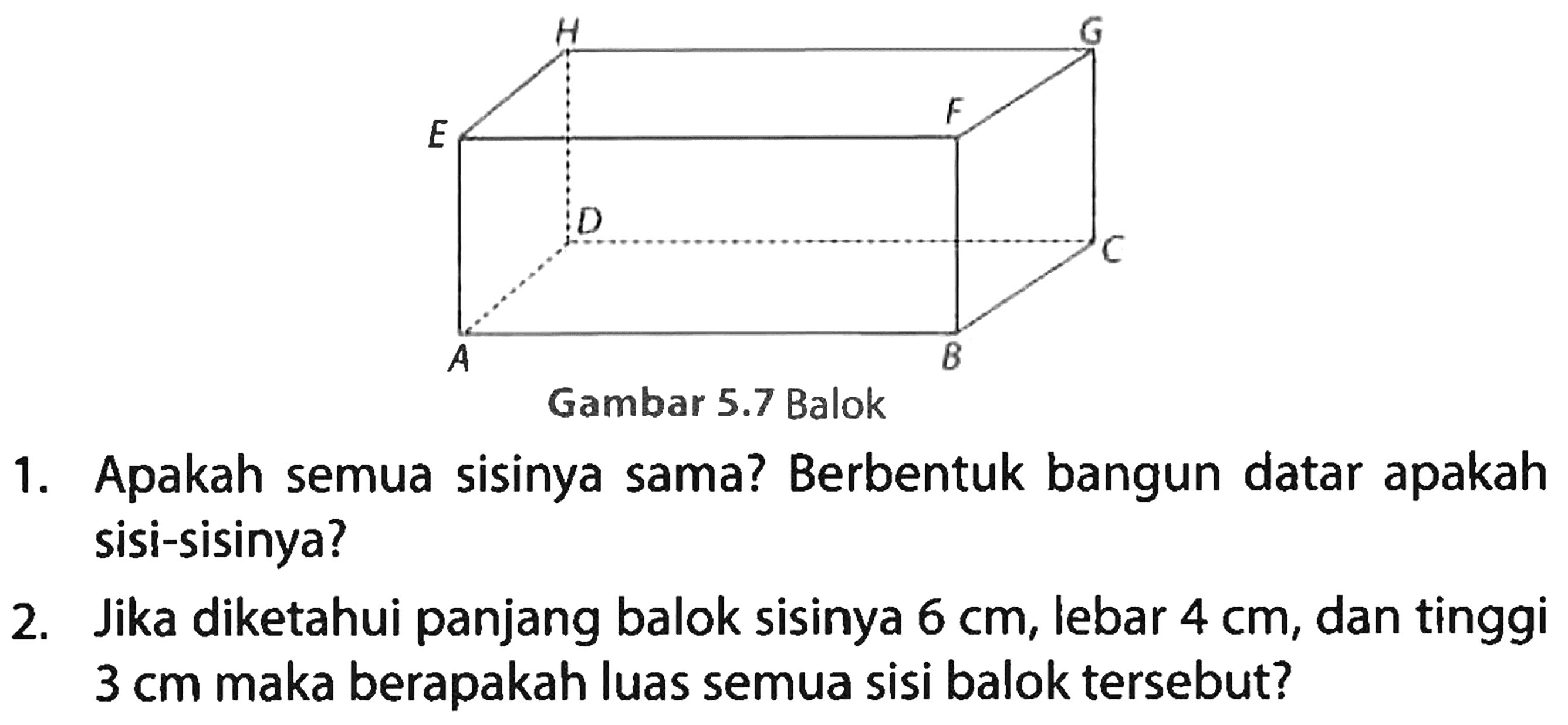 1. Apakah semua sisinya sama? Berbentuk bangun datar apakah sisi-sisinya?
2. Jika diketahui panjang balok sisinya 6 cm, lebar 4 cm, dan tinggi 3 cm maka berapakah luas semua sisi balok tersebut?
H G E F D C A B 
Gambar 5.7 Balok