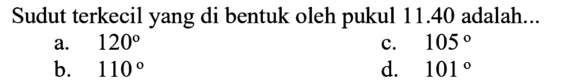 Sudut terkecil yang di bentuk oleh pukul  11.40  adalah...
 