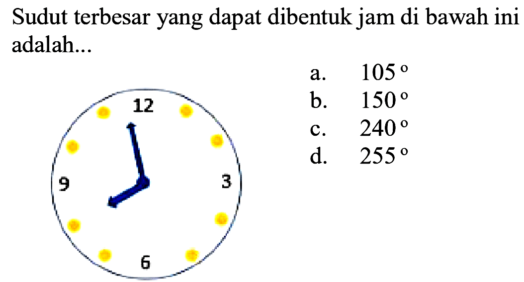 Sudut terbesar yang dapat dibentuk jam di bawah ini adalah... 3 6 9 12 