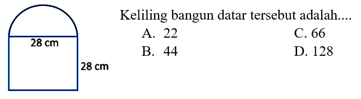 Keliling bangun datar tersebut adalah....
A. 22
C. 66
B. 44
D. 128