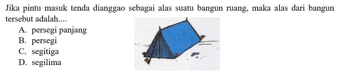 Jika pintu masuk tenda dianggap sebagai alas suatu bangun ruang, maka alas dari bangun tersebut adalah....