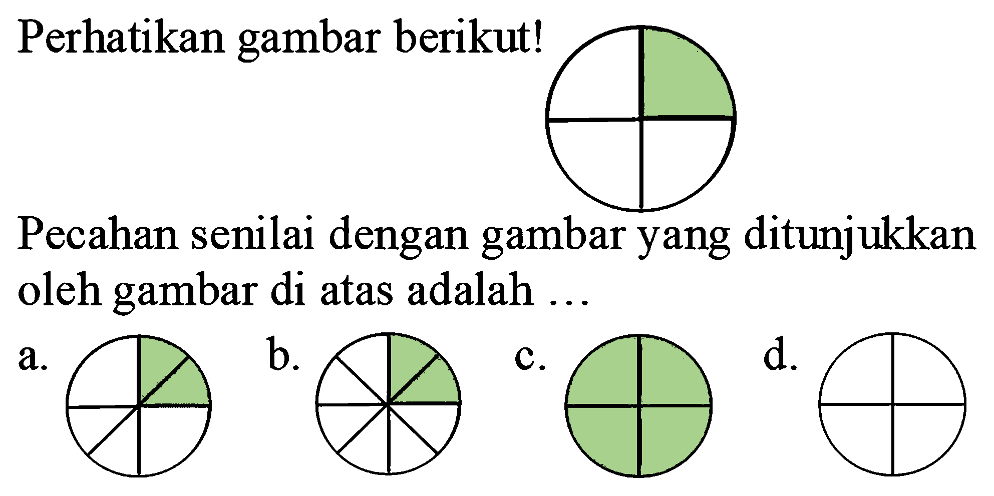 Perhatikan gambar berikut!
Pecahan senilai dengan gambar yang ditunjukkan oleh gambar di atas adalah ...
a.
b.
c.
 d .