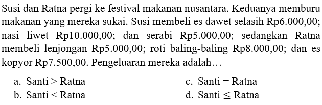 Susi dan Ratna pergi ke festival makanan nusantara. Keduanya memburu makanan yang mereka sukai. Susi membeli es dawet selasih Rp6.000,00; nasi liwet Rp10.000,00; dan serabi Rp5.000,00; sedangkan Ratna membeli lenjongan Rp5.000,00; roti baling-baling  Rp 8.000,00 ; dan es kopyor Rp7.500,00. Pengeluaran mereka adalah...
a. Santi  >  Ratna
c. Santi  =  Ratna
b. Santi  <  Ratna
d. Santi  <=  Ratna