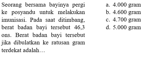 Seorang bersama bayinya pergi  ke posyandu untuk melakukan imunisasi. Pada saat ditimbang,
 berat badan bayi tersebut 46,3  ons. Berat badan bayi tersebut jika dibulatkan ke ratusan gram terdekat adalah...
