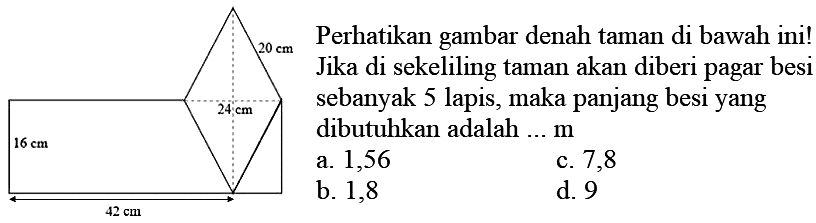 {|l|ll) 
 Perhatikan gambar denah taman di bawah ini!  Jika di sekeliling taman akan diberi pagar besi 
 sebanyak 5 lapis, maka panjang besi yang 
 dibutuhkan adalah ...  m  
 a. 1,56  c. 7,8 
b. 1,8  d. 9
