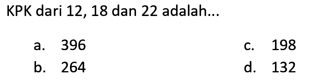 KPK dari 12, 18 dan 22 adalah...
a. 396
C. 198
b. 264
d. 132