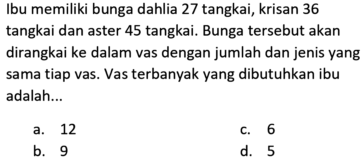 Ibu memiliki bunga dahlia 27 tangkai, krisan 36 tangkai dan aster 45 tangkai. Bunga tersebut akan dirangkai ke dalam vas dengan jumlah dan jenis yang sama tiap vas. Vas terbanyak yang dibutuhkan ibu adalah...
a. 12
C. 6
b. 9
d. 5