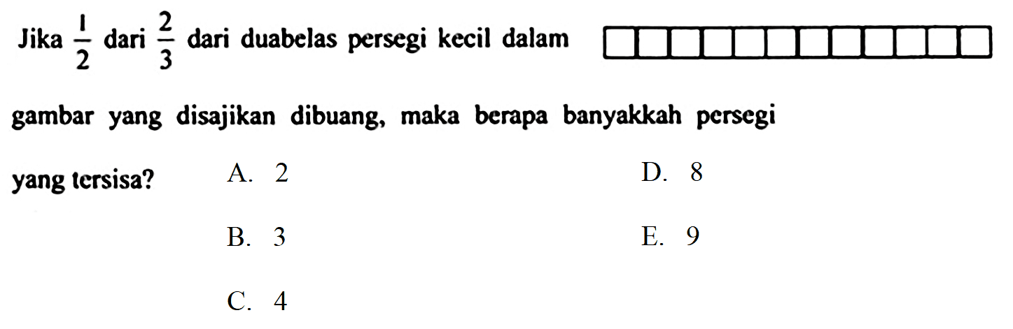 Jika 1/2 dari 2/3 dua belas persegi kecil dalam gambar yang disajikan dibuang, maka berapa banyakkah persegi yang tersisa?