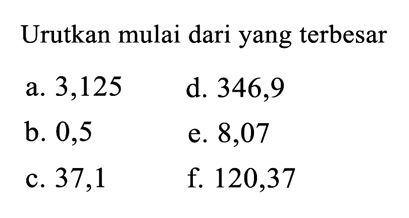 Urutkan mulai dari yang terbesar
a. 3,125
d. 346,9
b. 0,5
e. 8,07
c. 37,1
f. 120,37