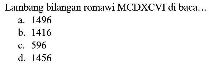 Lambang bilangan romawi MCDXCVI di baca...